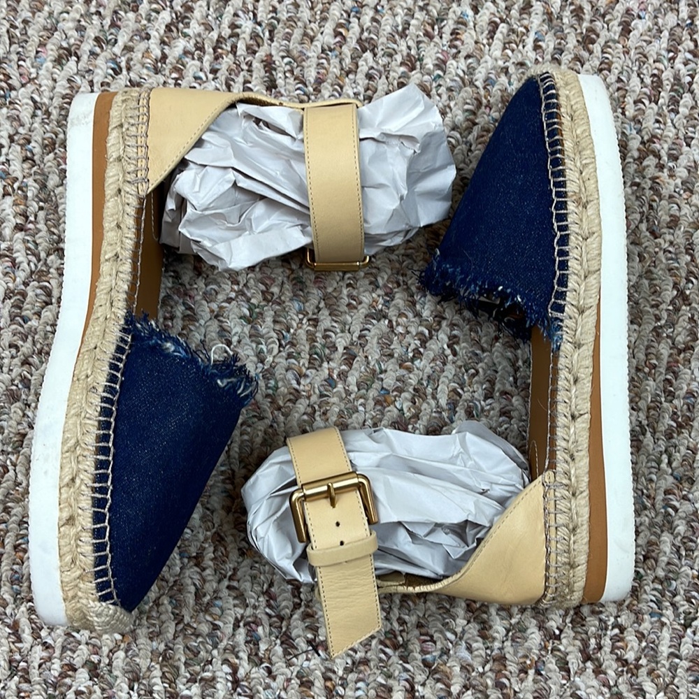 See By Chloe Navy Denim and Tan Espadrille Ankle-Strap Flats - Picture 4 of 11